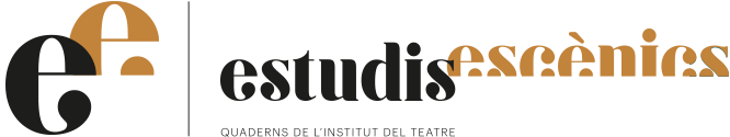 Logotip estudis escènics amb dues "e" minúscules que representen un teló i el text estudis ecèncis